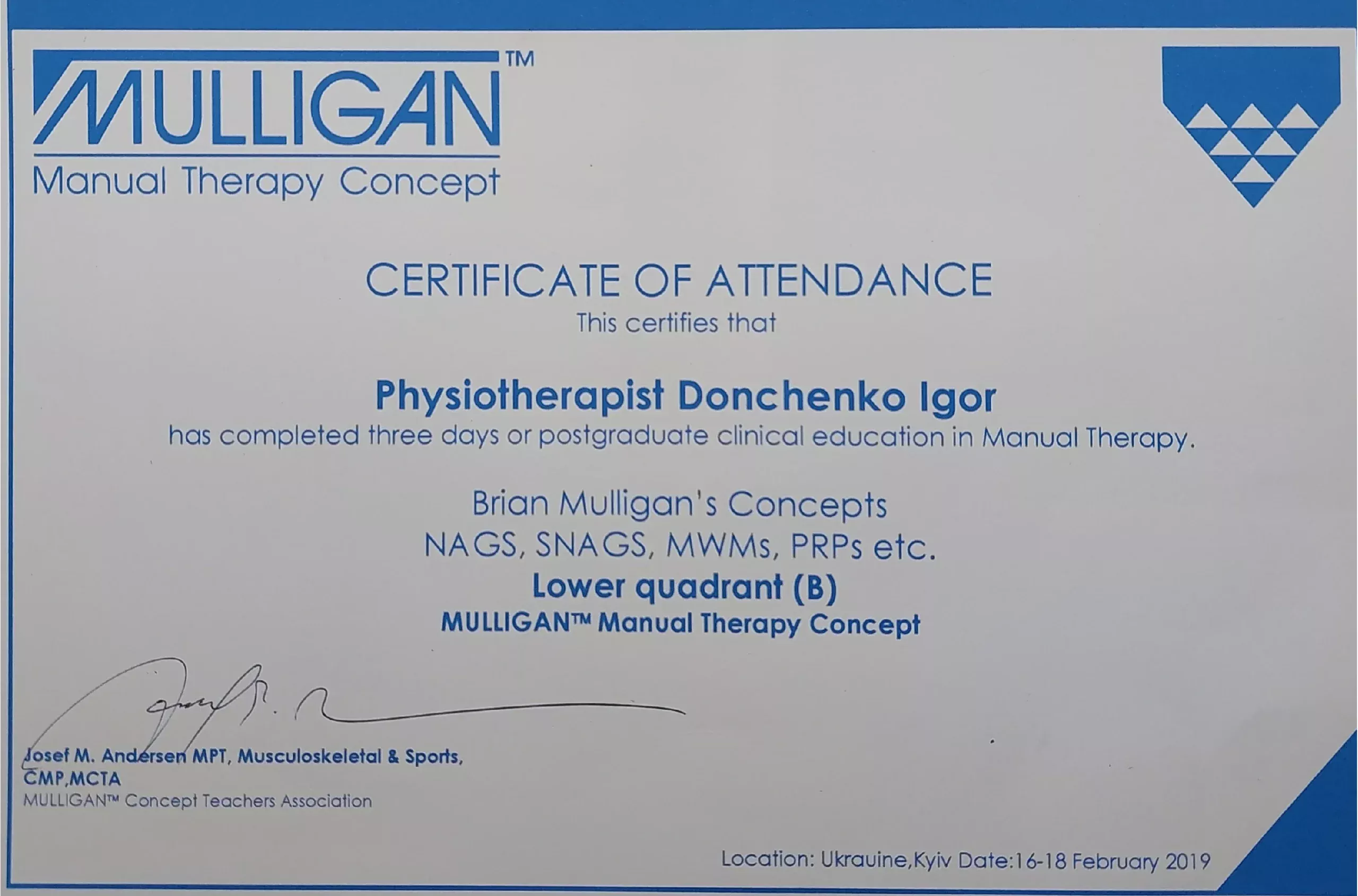 Сертифікат від Manual Therapy Concept