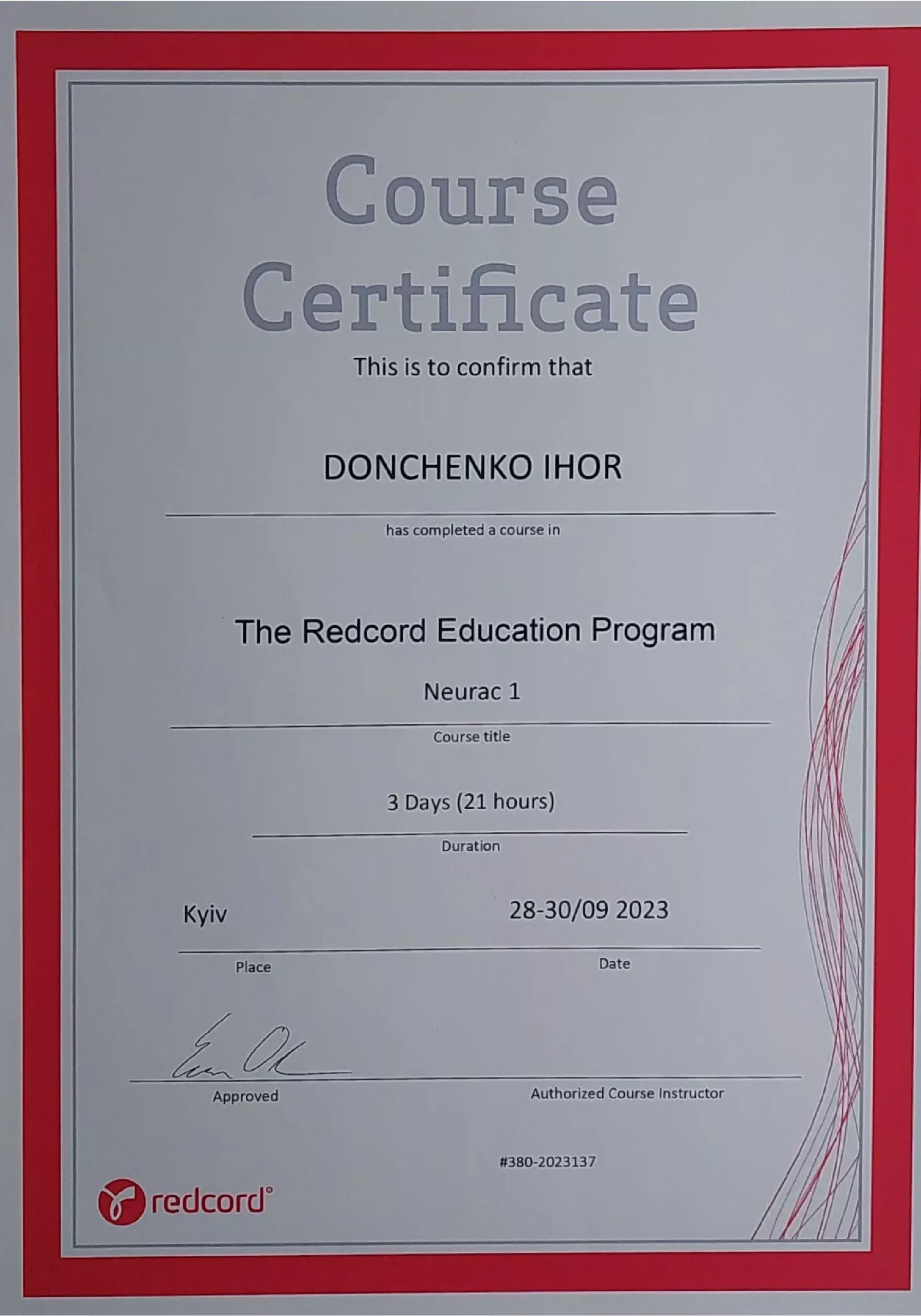 Сертифікат від The Redcord Education Program