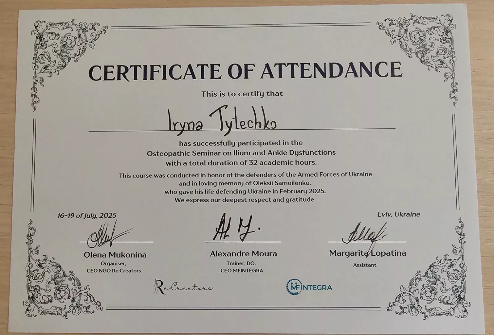 Сертифікат від MF Integra "Osteopathic Seminar on Ilium and Ankle Dysfunction"