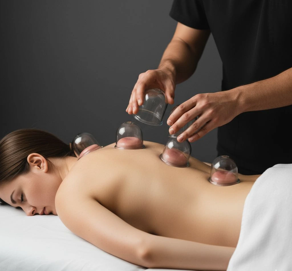 Масажист робить вакуумний масаж (банковий масаж)