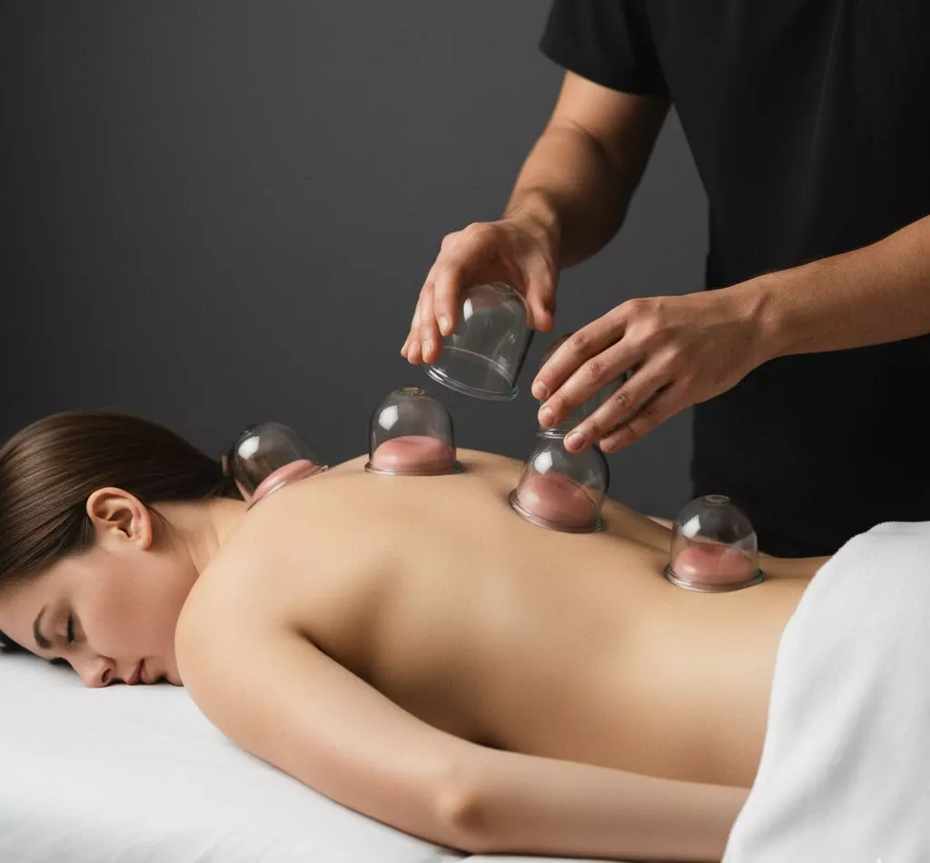 Масажист робить вакуумний масаж (банковий масаж)
