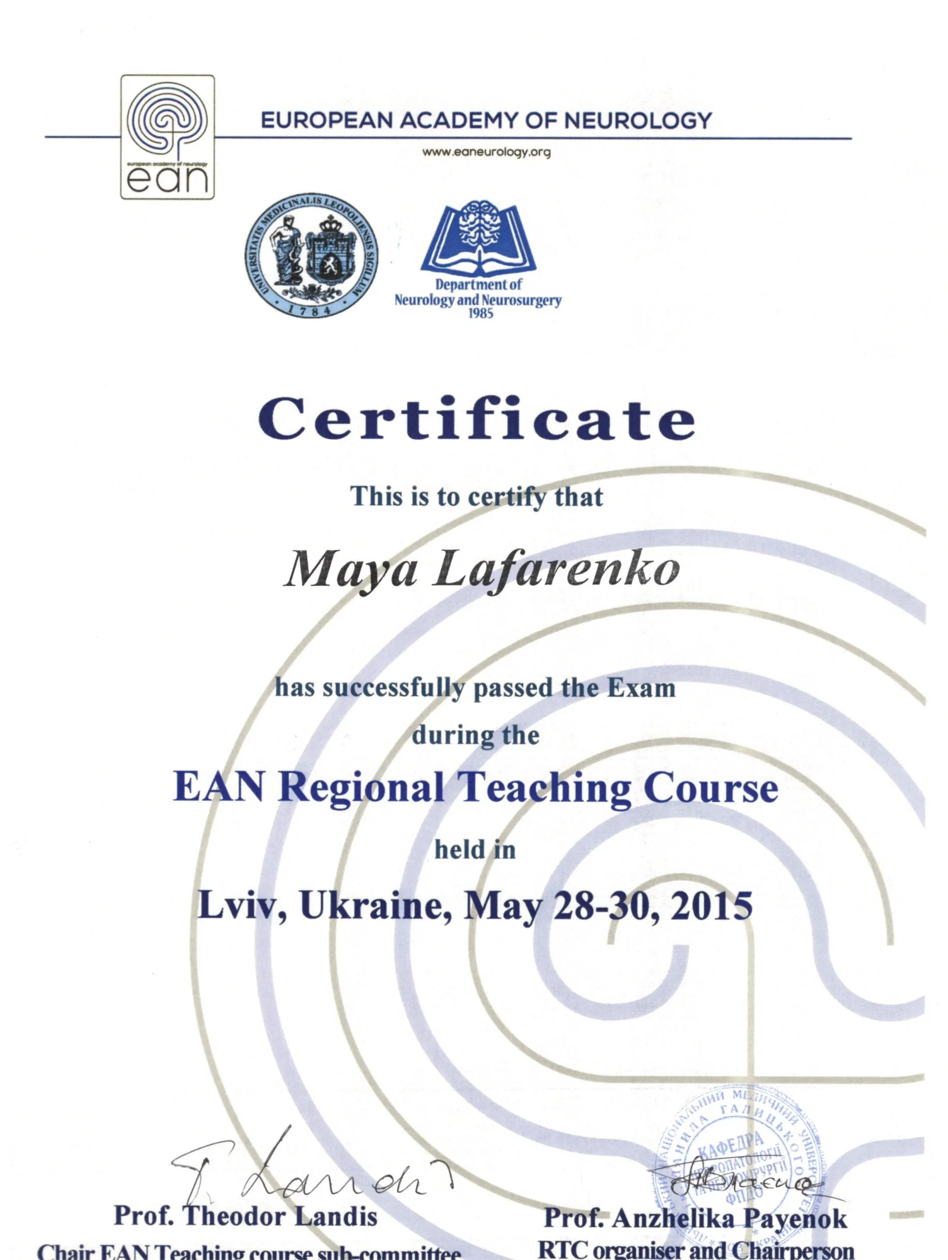 Сертифікат від European Academy of Neurology "EAN Regional Teaching Course"