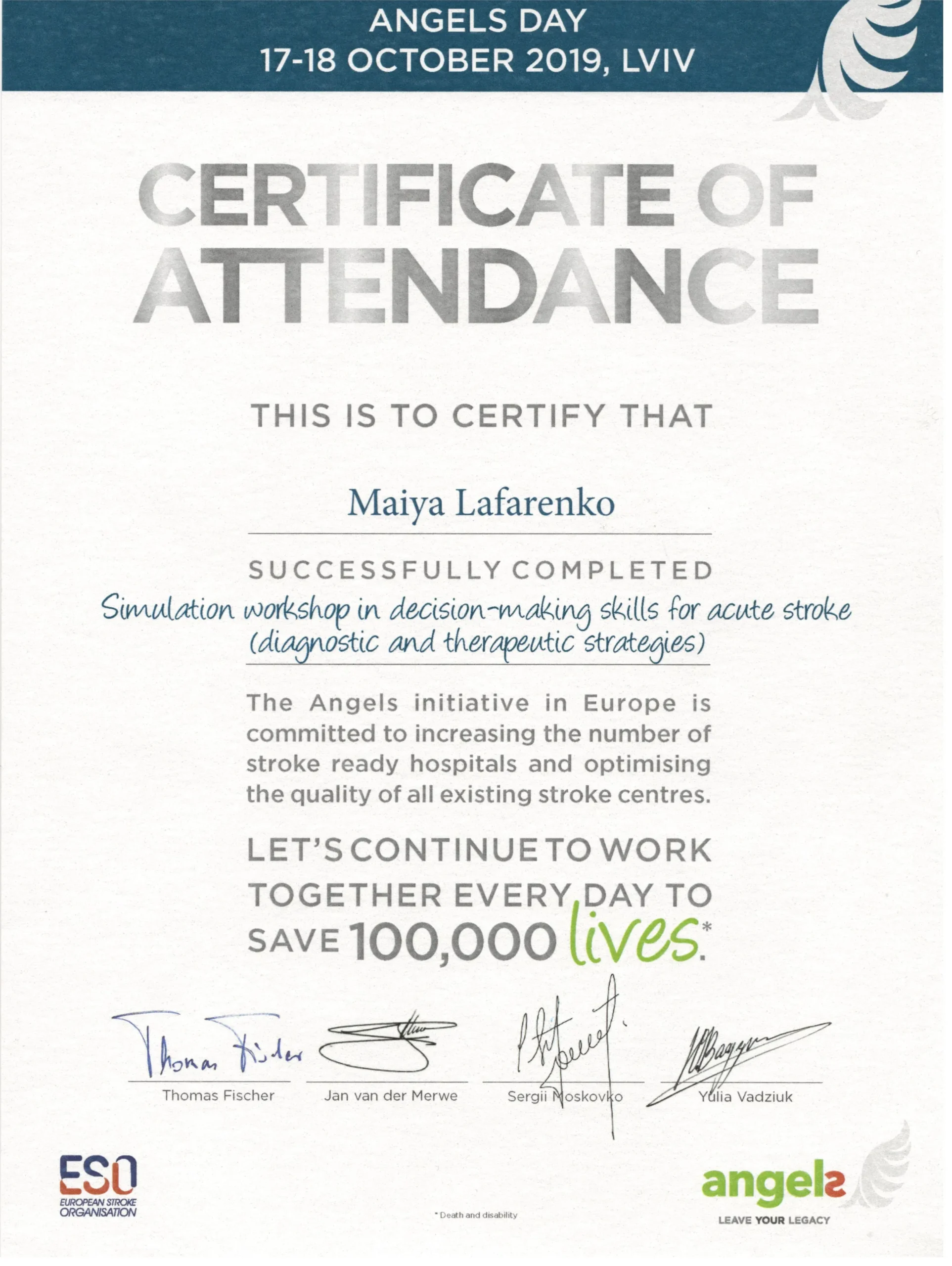 Сертифікат Angels Day Simulation workshop in decision-making skills for acute stroke (diagnostic and therapeutic strategies)