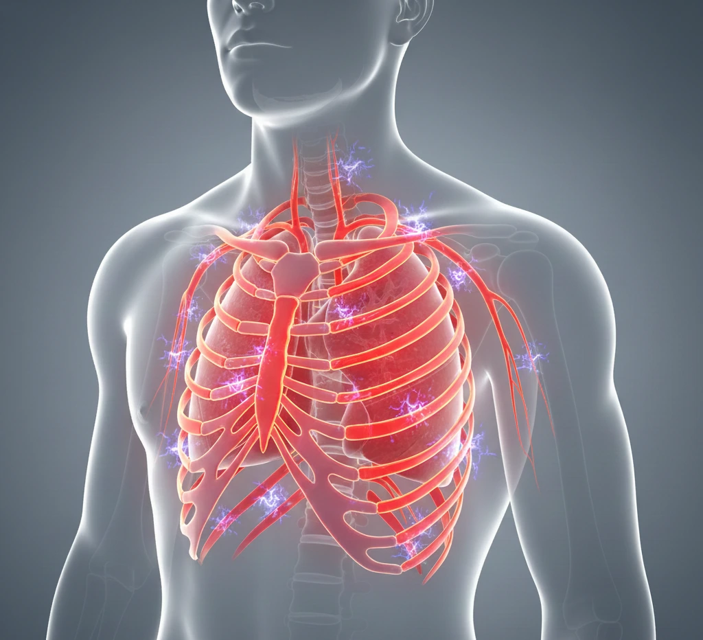 Ілюстрація грудної клітки, де показано розташування ребер, хребта та міжреберних нервів. В області між ребрами, де зазвичай проходить міжреберний нерв, зображено червону ділянку, що символізує біль при міжреберній невралгії.