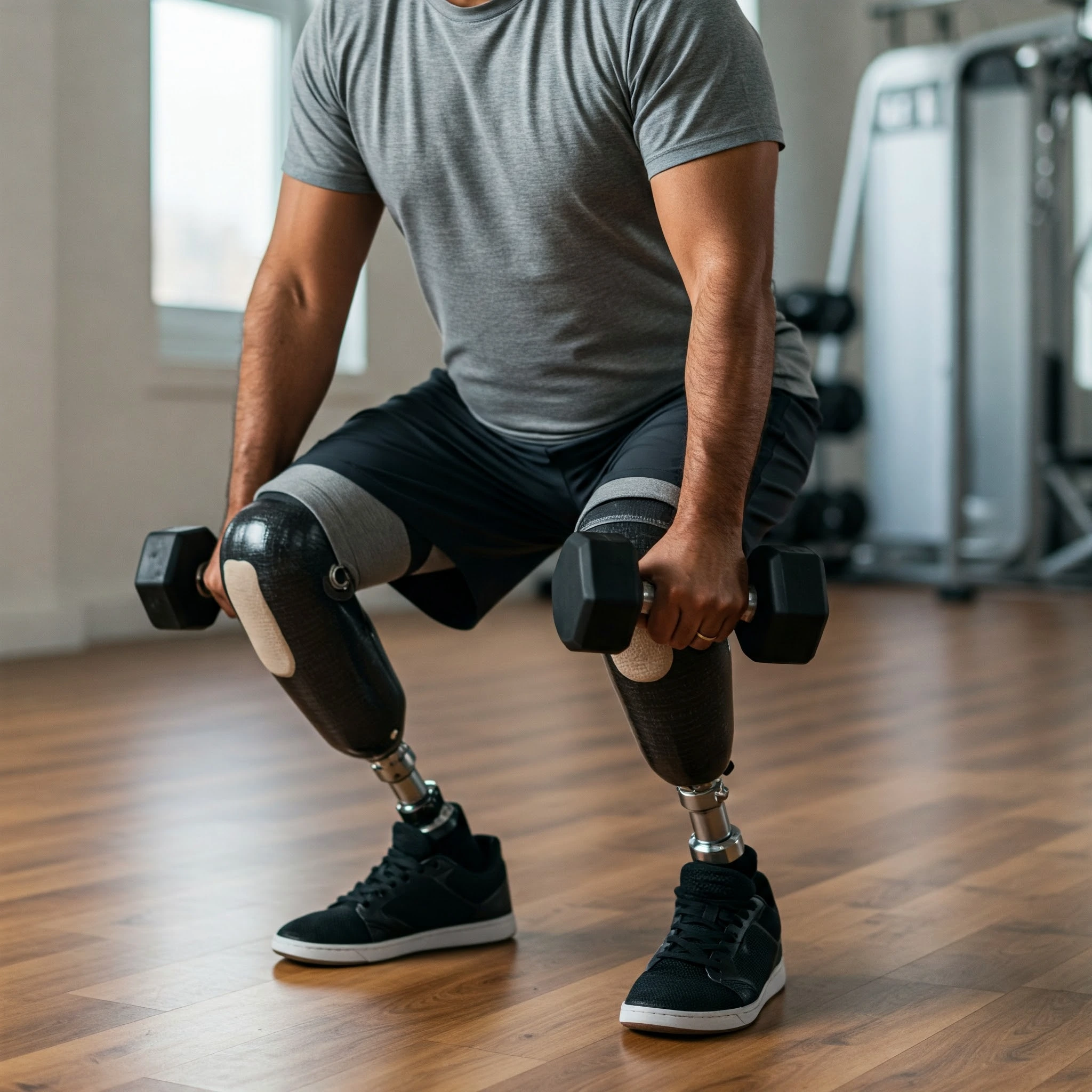 Чоловік з ампутованими нижніми кінцівками проходить фізичну реабілітацію