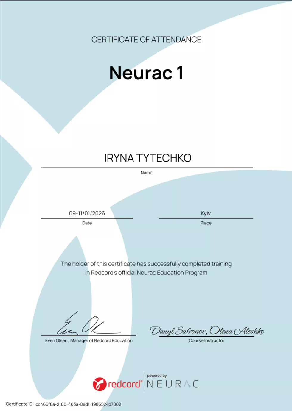 Сертифікат Neurac на системі Redcord